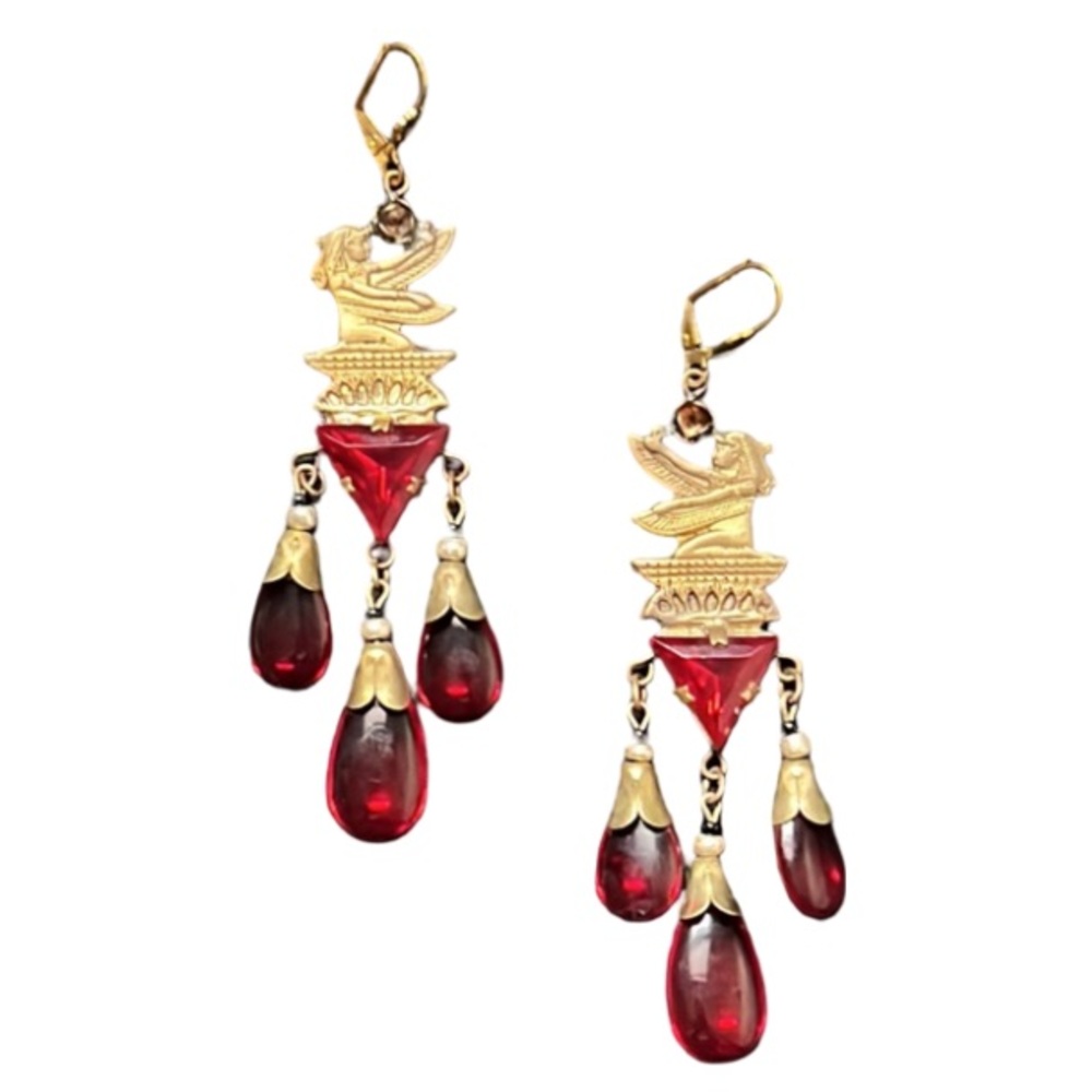 Antique Art Nouveau Egyptian Goddess Isis Red Czech Glass Drop Earrings